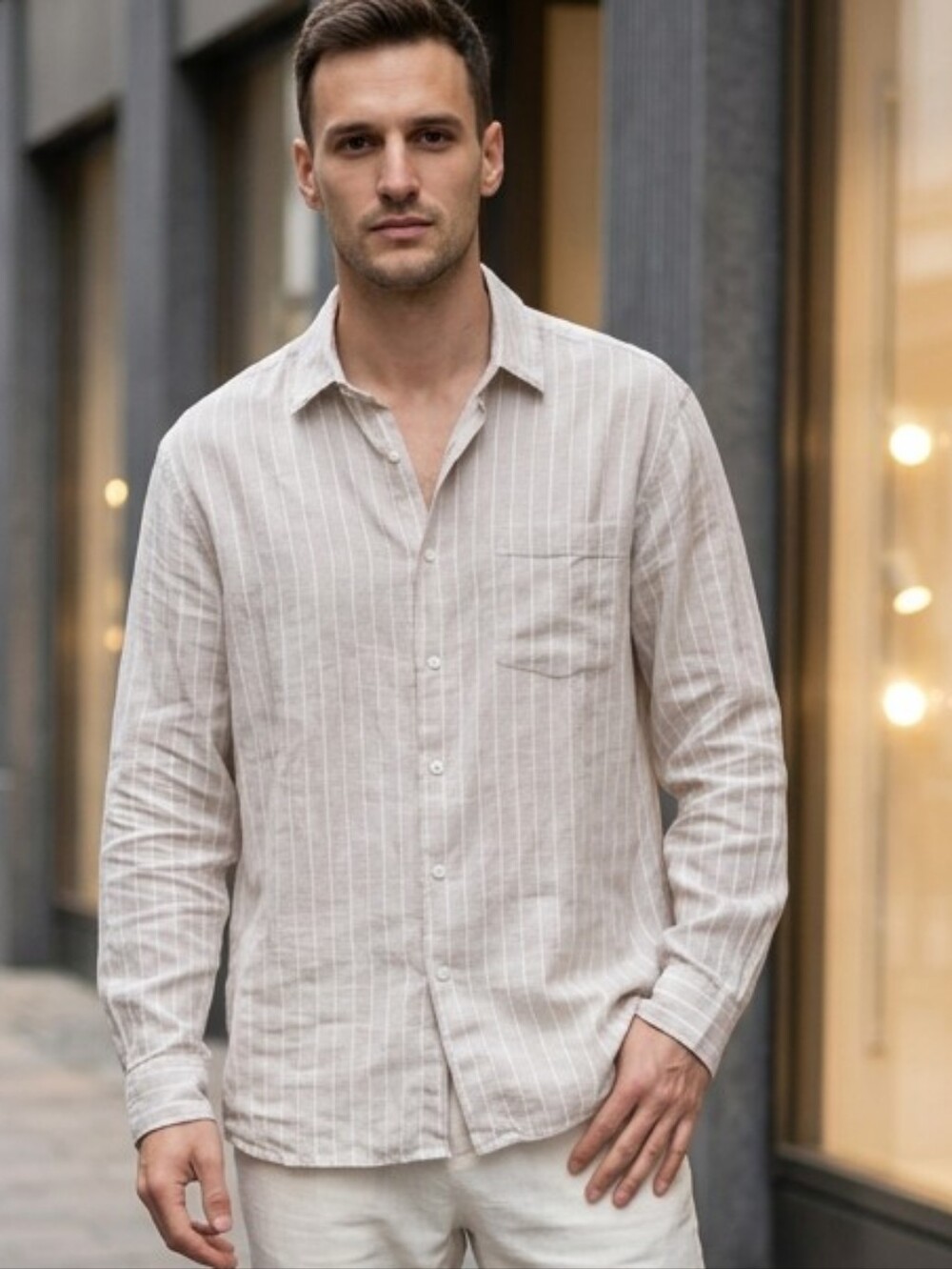 Lorenzini Men's Pinstripe Linen Button-Down Shirt Sz L